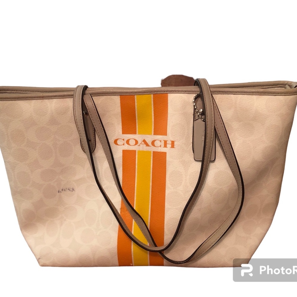 Coach overnight zipper leather summer orange striped bag. Over the shoulder